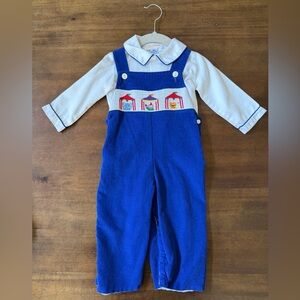 Blue Kids Smocked Circus Overalls with White Shirt